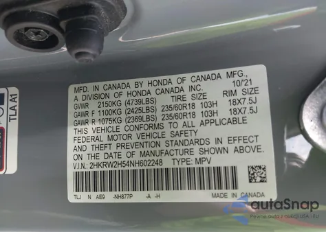 2022 Honda Cr-V Awd Ex from USA, damaged, VIN 2HKRW2H54NH602248